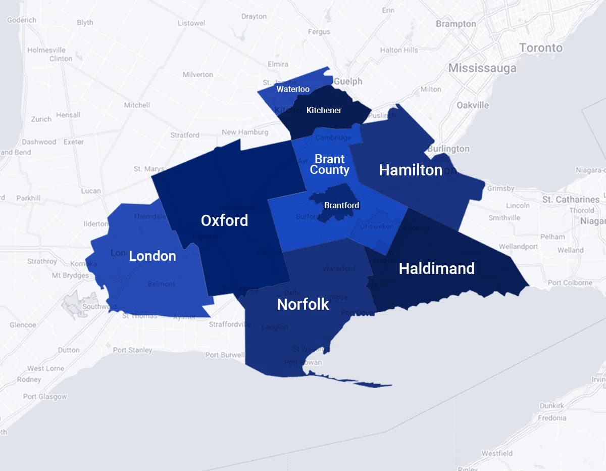 Map of Voltage Inc service areas in Southwestern Ontario, including Norfolk, Brant, Oxford, Hamilton, Brantford, Kitchener-Waterloo, London, and Haldimand