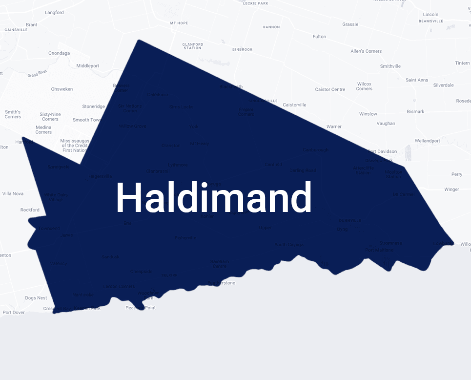Map highlighting Haldimand County, Ontario