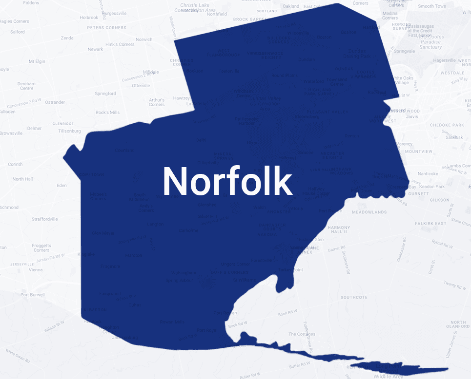 Map highlighting Norfolk County, Ontario